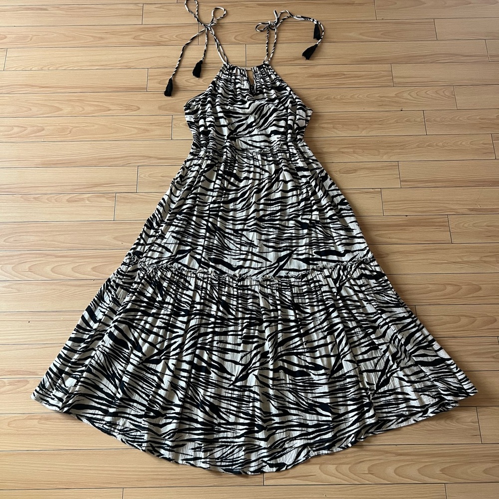 Spiaggia Dolce Boho Maxi Tiered Dress Sz Large Black White Zebra Print Fabric